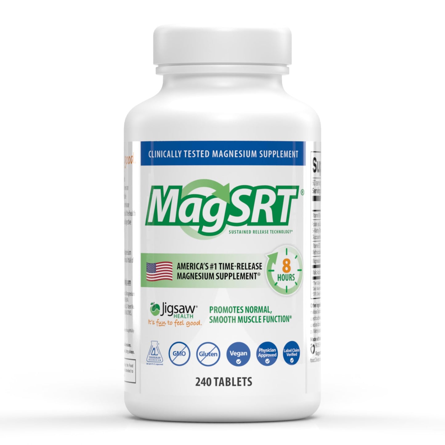 Jigsaw Health MagSRT Magnesium + B6, Folate & B12 | Timed-Release Mineral Supplement | 240 Tablets | 60 Servings