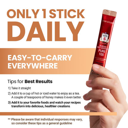 JungKwanJang Korean Red Ginseng Pure 100 — 1500mg Powder Stick for Energy & Immune Support | Vegan, Gluten-Free, Non-GMO