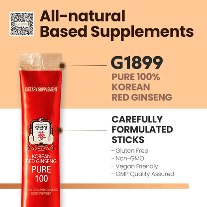 JungKwanJang Korean Red Ginseng Pure 100 — 1500mg Powder Stick for Energy & Immune Support | Vegan, Gluten-Free, Non-GMO