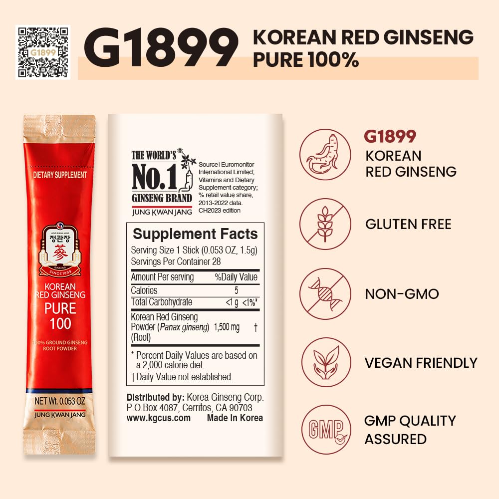 JungKwanJang Korean Red Ginseng Pure 100 — 1500mg Powder Stick for Energy & Immune Support | Vegan, Gluten-Free, Non-GMO