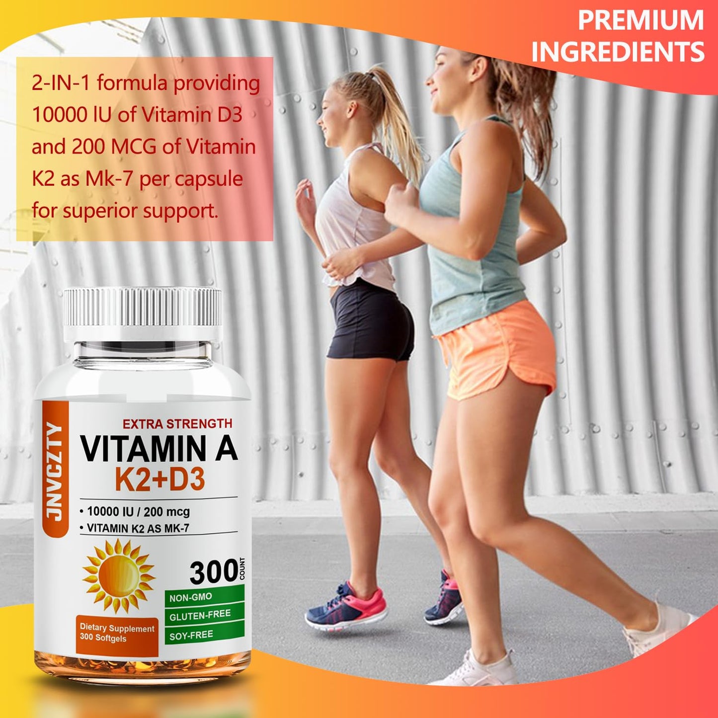 JNVCZTY Vitamin D3 K2 Supplement – 10000 IU D3, MK-7 K2, 300 Softgels