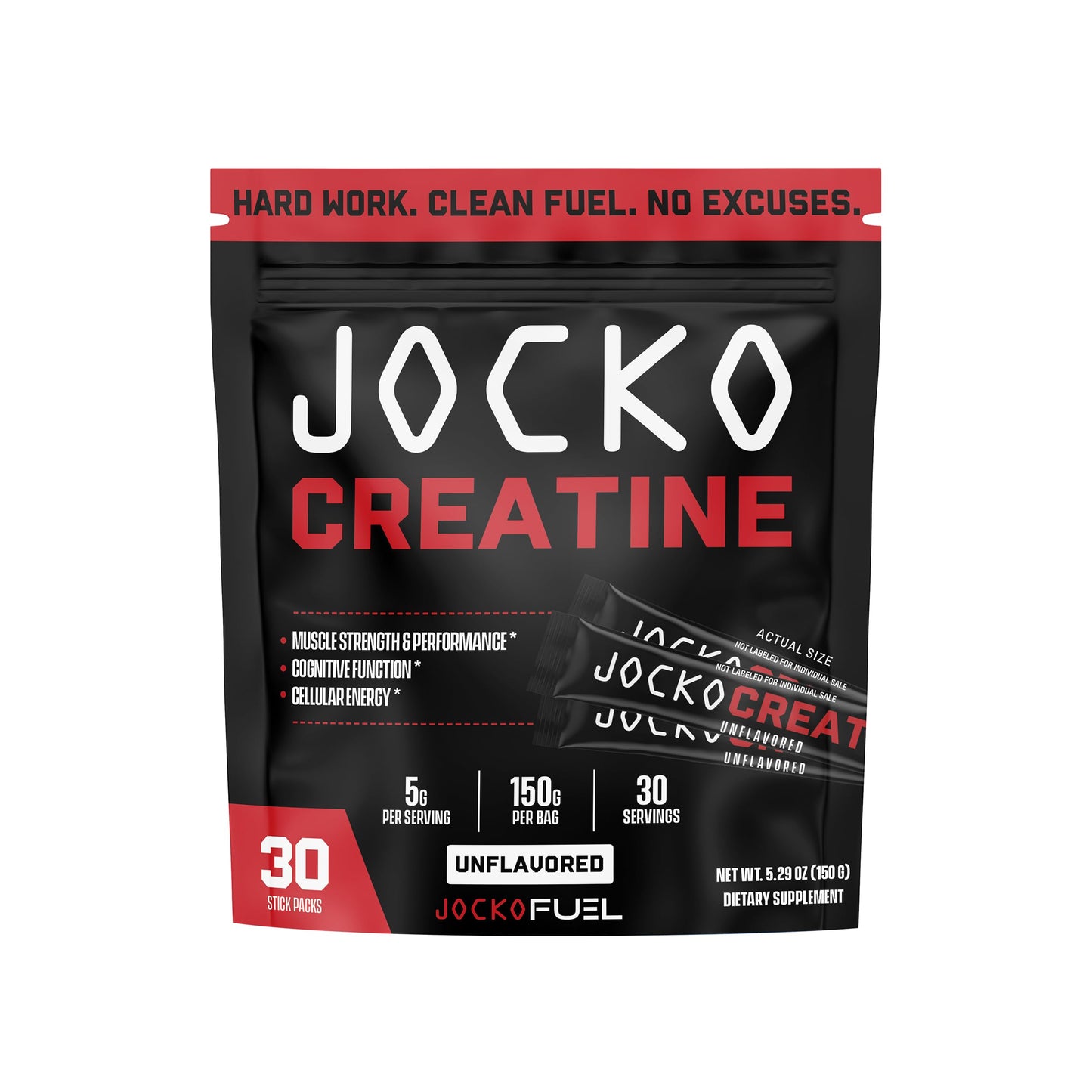 Jocko Fuel Creatine Stick Packs – Travel-Size Creatine Monohydrate, 30 Servings, Unflavored