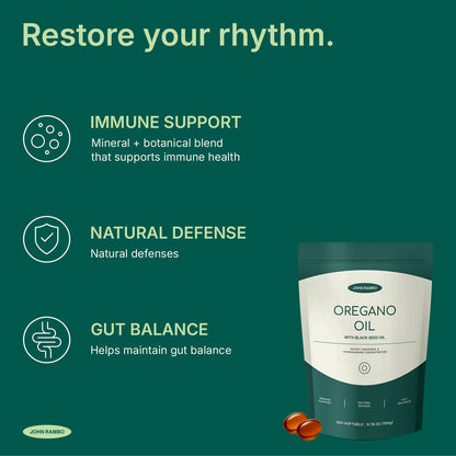 JOHN RAMBO Oil of Oregano with Black Seed Oil, 300 Softgels, 150-Day Supply, 165mg Carvacrol & 200mg Thymoquinone, 4X Strength Oregano Oil Capsules, Immune & Respiratory Support