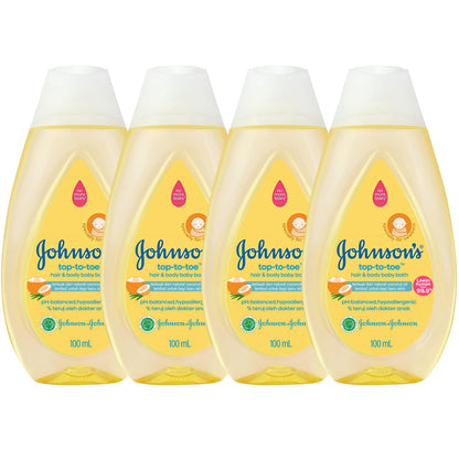 Johnson's Top-to-Toe Baby Wash and Shampoo 4-Pack - 100mL Travel Size, Tear-Free, Paraben/Sulfate/Dye Free