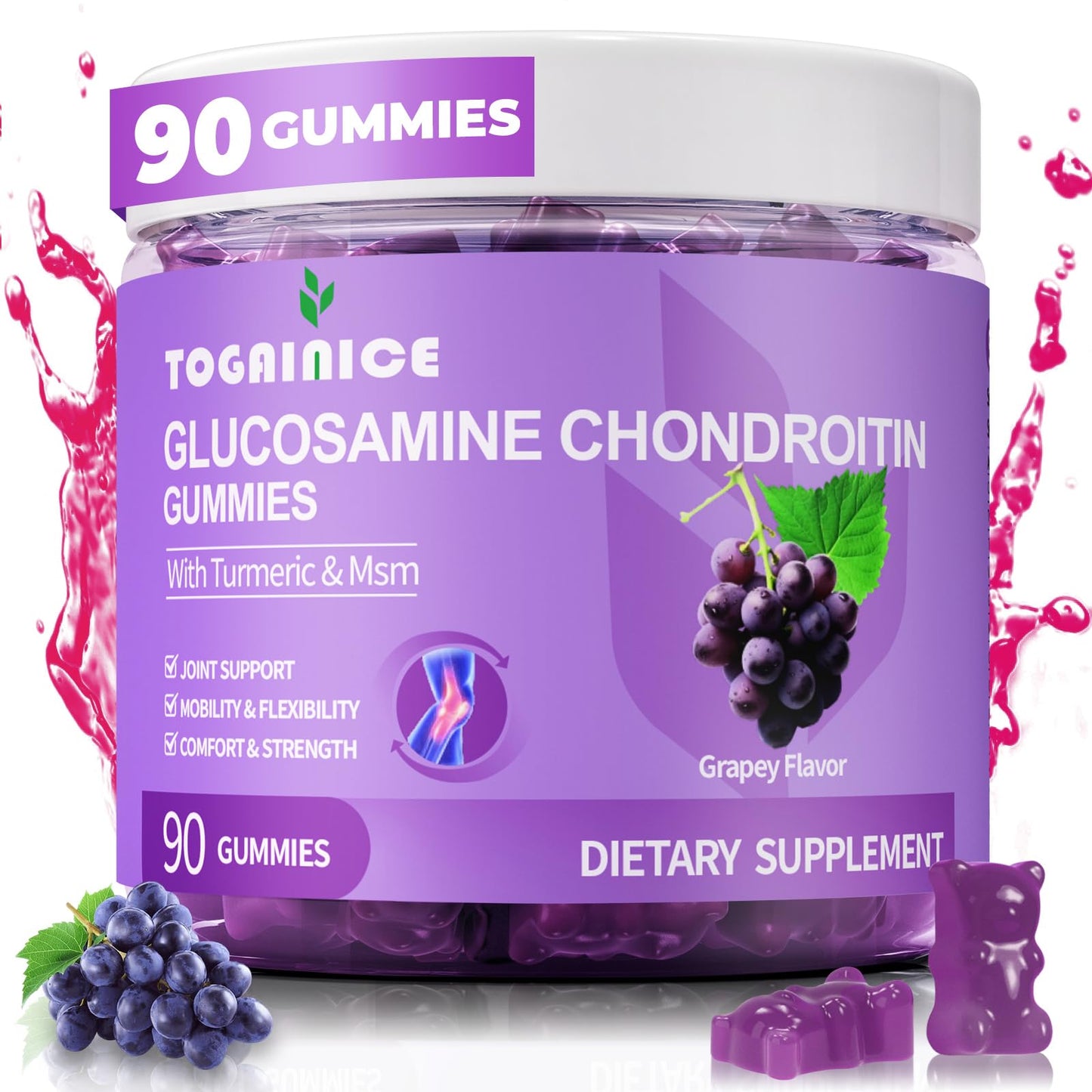 Joint Support Gummies with Glucosamine Chondroitin - Sugar Free, 1500mg Extra Strength + MSM & Turmeric (90 Count)