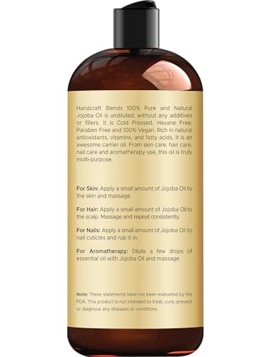 Handcraft Blends Jojoba Oil - Cold-Pressed 16 Oz - 100% Pure & Natural Premium Carrier Oil for Skin & Hair
