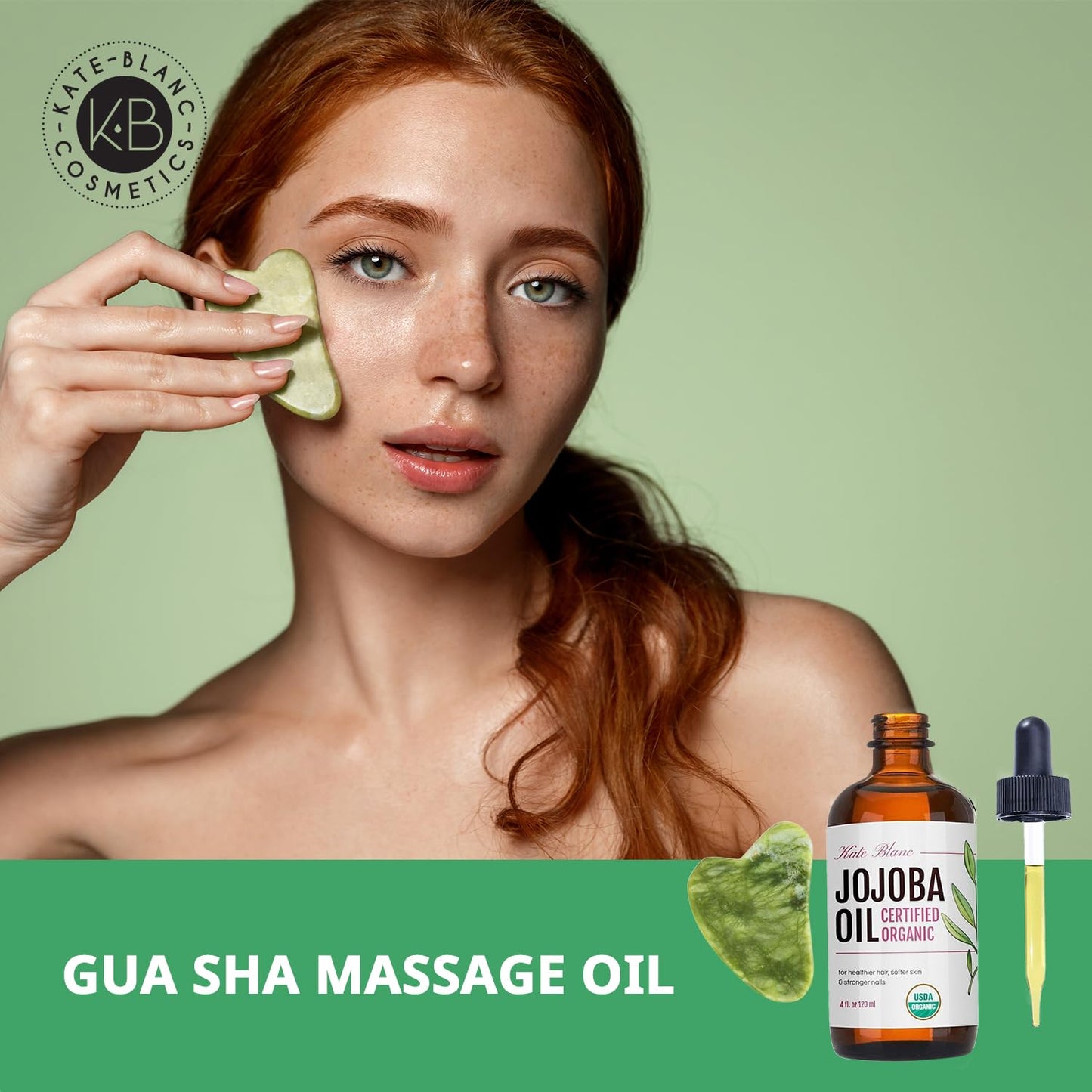 Kate Blanc Jojoba Oil for Hair, Skin & Face with Gua Sha Stone Kit (4oz, Organic)
