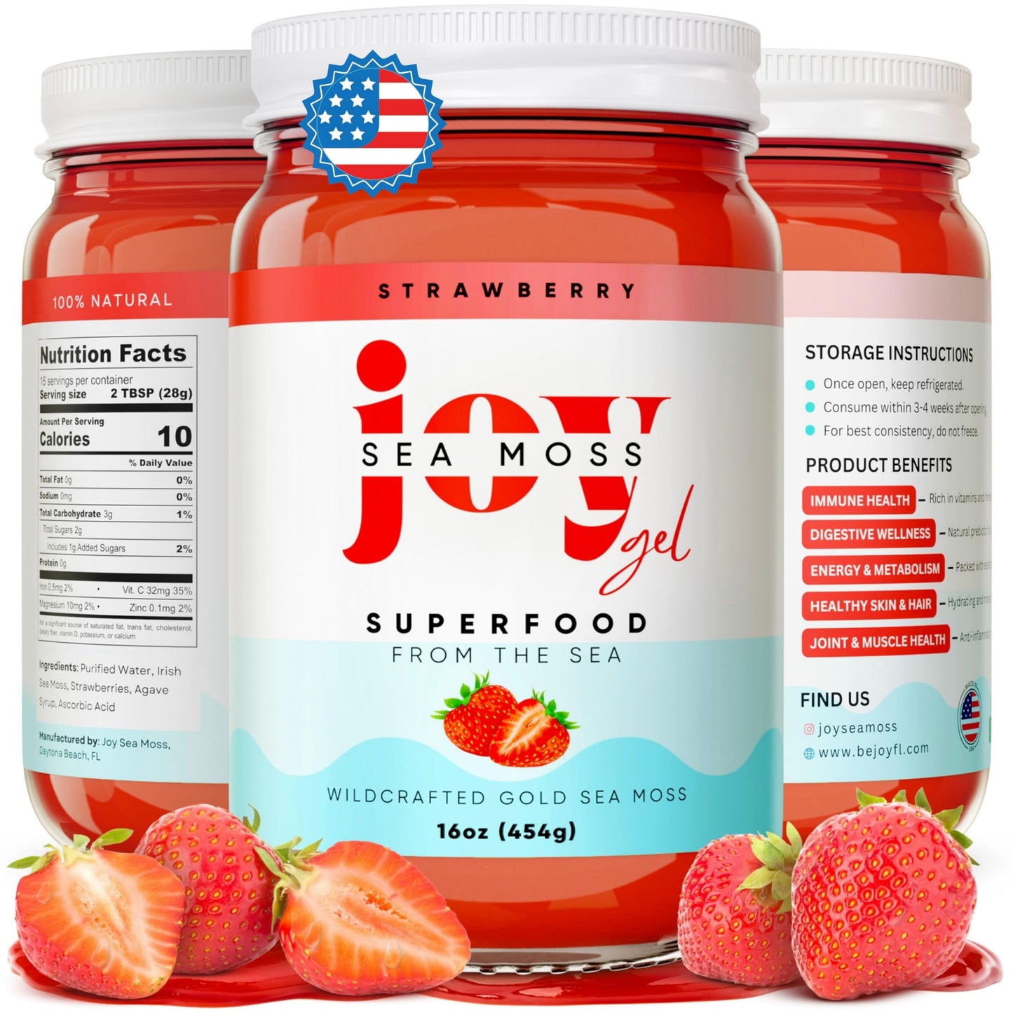 Joy Sea Moss Wildcrafted Irish Sea Moss Gel 16 oz Strawberry | Made in USA