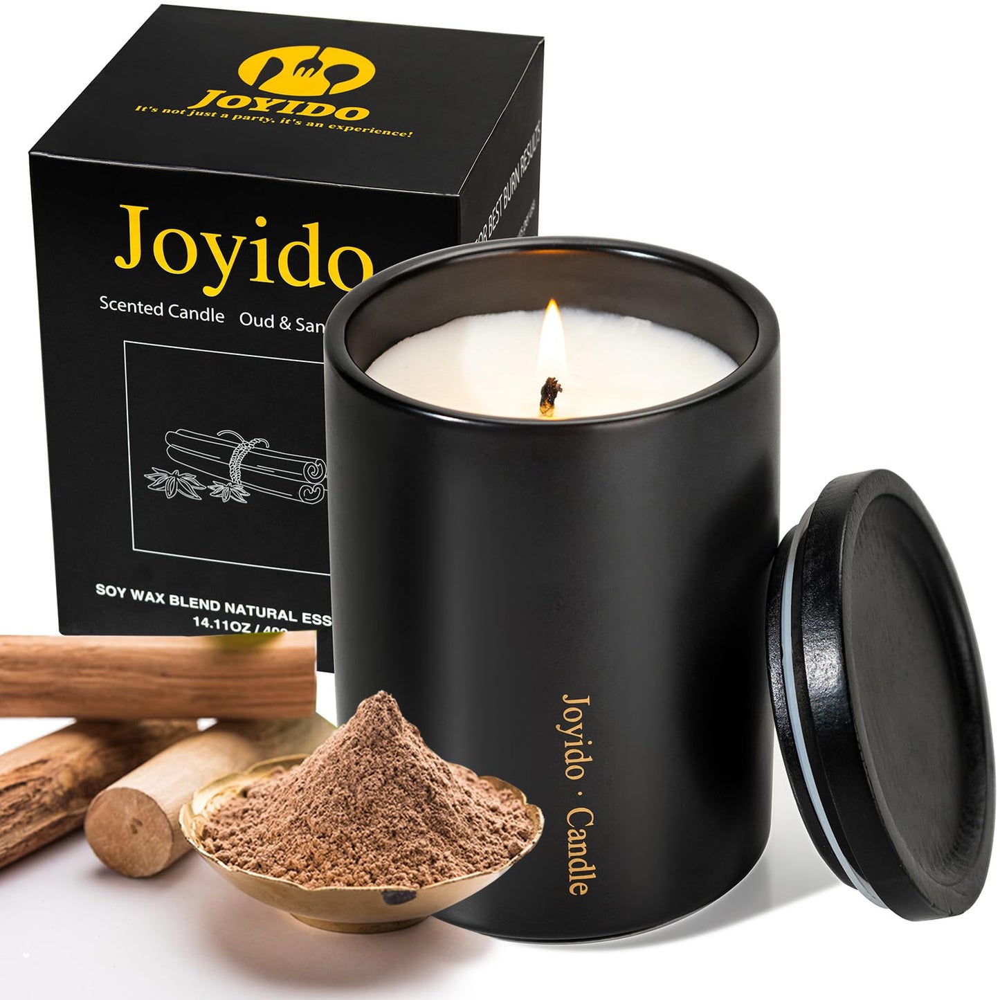 Joyido 14oz Oud & Sandalwood Scented Candle – Luxury Black Ceramic Jar