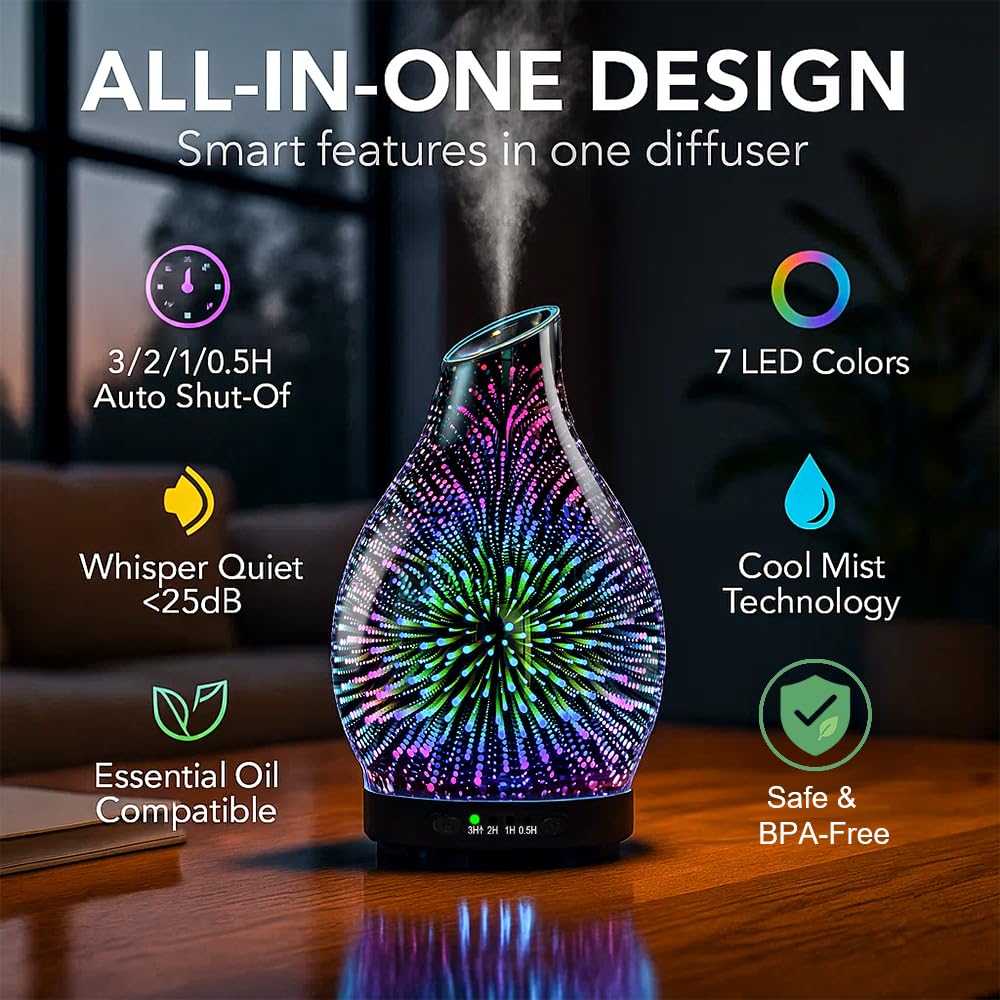 JOYOLO 120ML Essential Oil Diffuser – 3D Glass, Auto Shut-Off, 7-Color LED Lights