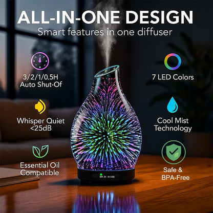 JOYOLO 120ML Essential Oil Diffuser – 3D Glass, Auto Shut-Off, 7-Color LED Lights