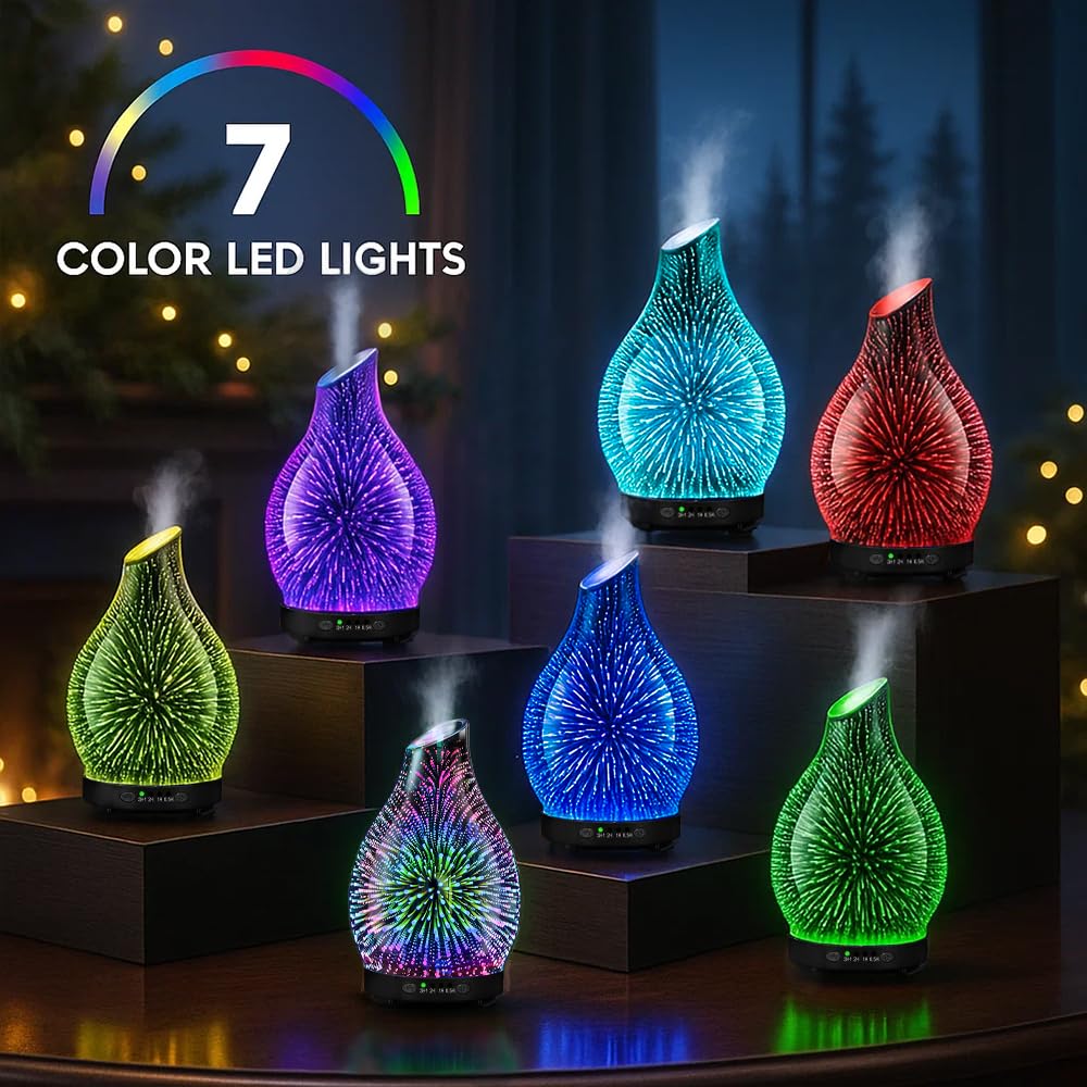 JOYOLO 120ML Essential Oil Diffuser – 3D Glass, Auto Shut-Off, 7-Color LED Lights