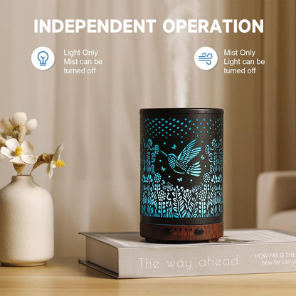 JOYOLO 120ML Metal Essential Oil Diffuser – Auto Shut-Off, 7 Color Lights, Bird Pattern