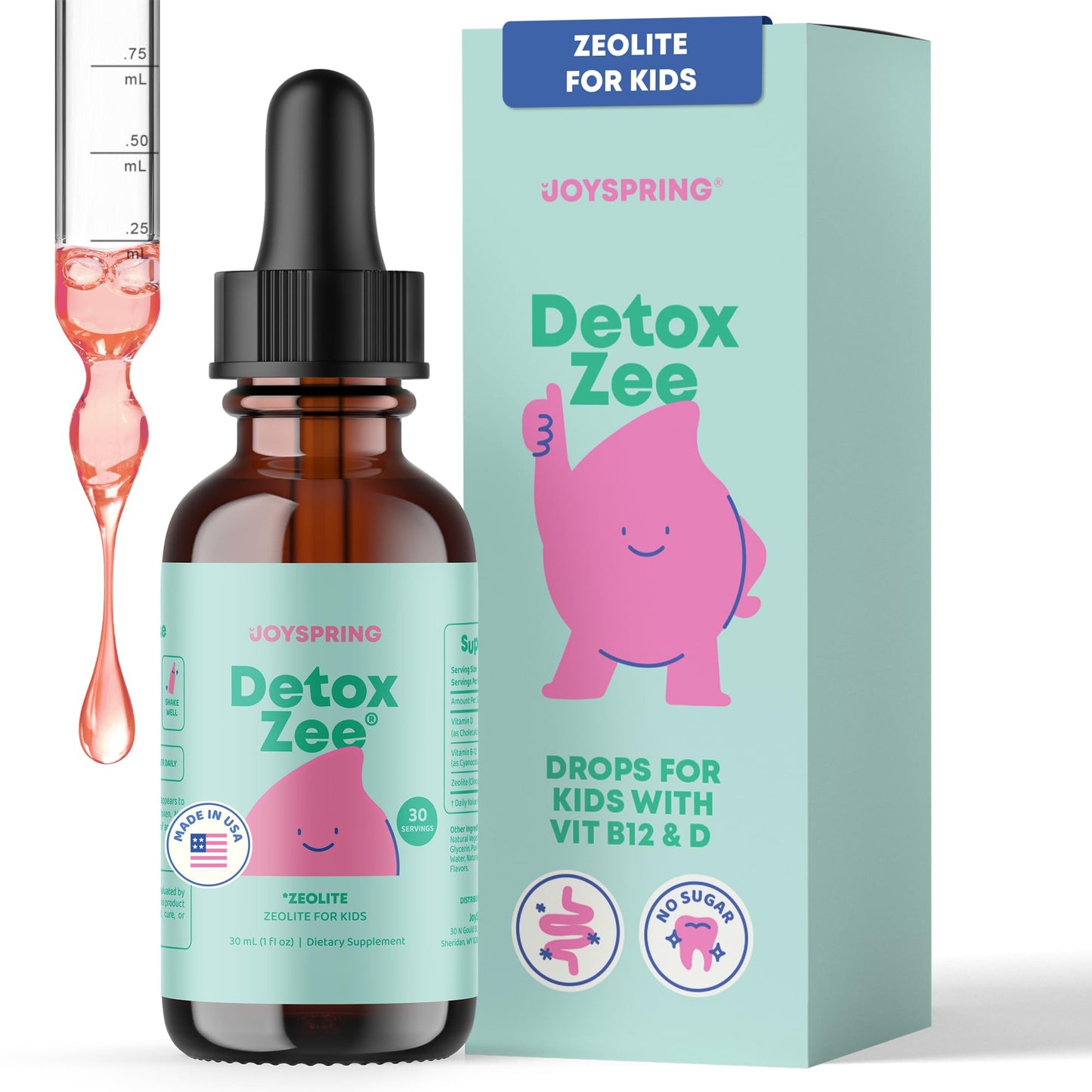 JoySpring DetoxZee Zeolite Drops for Kids – Clinoptilolite with Vitamin D3 & Cyanocobalamin Vitamin B12 – Natural Berry Flavor Liquid | 30 Servings