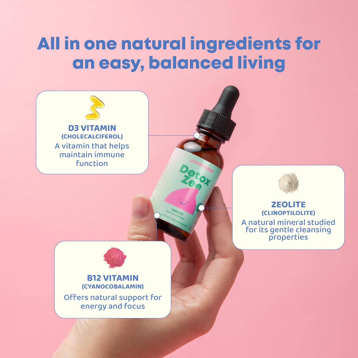 JoySpring DetoxZee Zeolite Drops for Kids – Clinoptilolite with Vitamin D3 & Cyanocobalamin Vitamin B12 – Natural Berry Flavor Liquid | 30 Servings