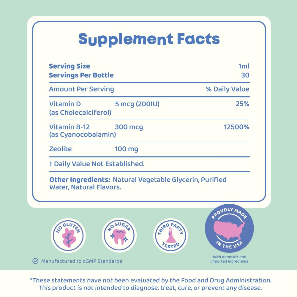 JoySpring DetoxZee Zeolite Drops for Kids – Clinoptilolite with Vitamin D3 & Cyanocobalamin Vitamin B12 – Natural Berry Flavor Liquid | 30 Servings
