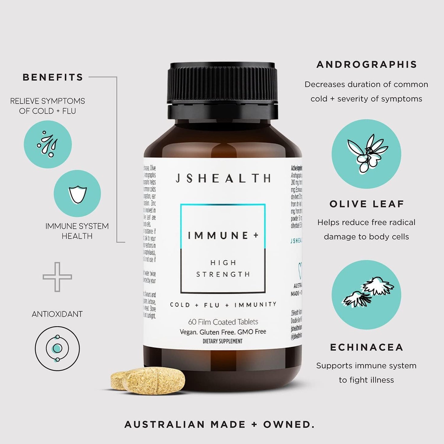 JSHealth Vitamins Immune + Immunity Booster Supplement with Zinc, Vitamin C, Echinacea and Olive Leaf – 60 Tablets