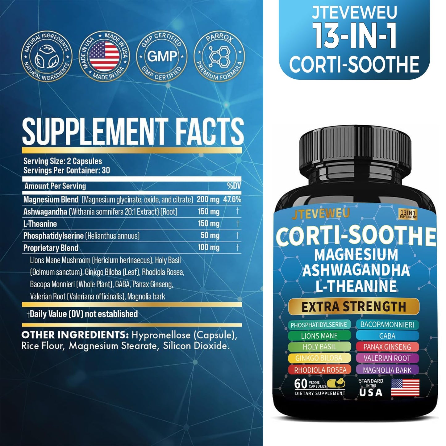 JTEVEweu Corti-Soothe Cortisol Support - Magnesium Glycinate 200mg, L-Theanine 150mg, Phosphatidylserine 50mg, Lion's Mane, Ginkgo Biloba, Bacopa, Valerian | 60 Capsules