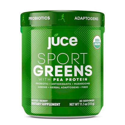 Juce SG7 Sport Greens Powder Supplement | Organic Plant Based Protein | Green Juice Powder | Probiotics | Mushrooms | Mixed Berry Flavor | 30 Servings | By Terra Kai Organics