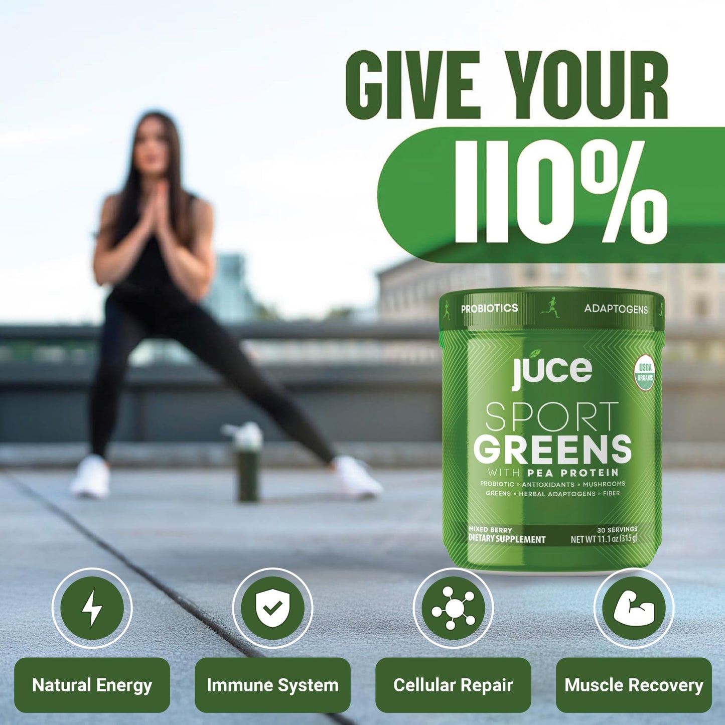 Juce SG7 Sport Greens Powder Supplement | Organic Plant Based Protein | Green Juice Powder | Probiotics | Mushrooms | Mixed Berry Flavor | 30 Servings | By Terra Kai Organics