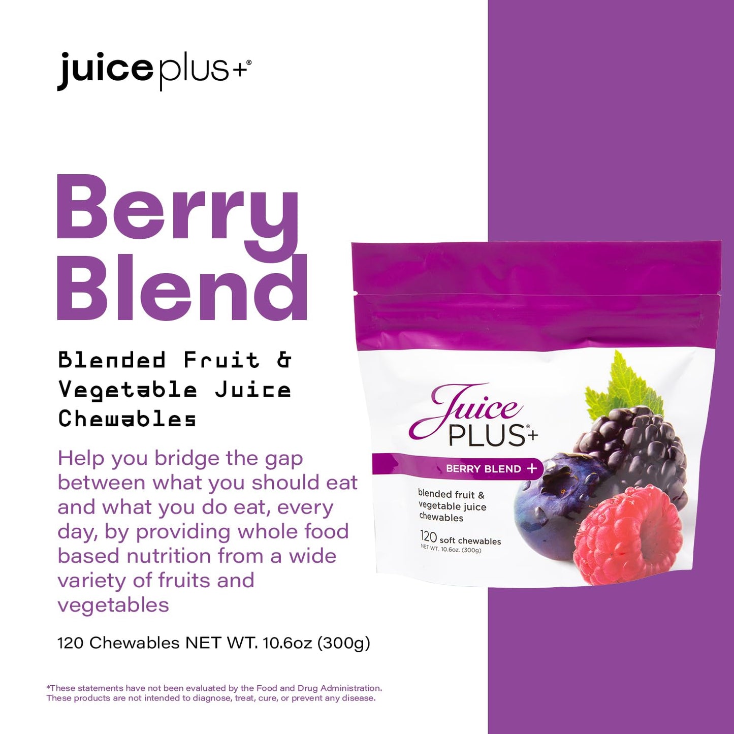 Juice Plus+ Berry Blend Soft Chews – Daily Nutrition from 12 Plants for Adults & Kids (1 Month, 30 Chews)