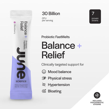 June Science Balance + Relief – Fast Melt Probiotic for Mood & Stress, Blackberry, 30 Sachets