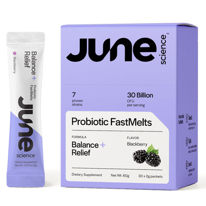 June Science Balance + Relief – Fast Melt Probiotic for Mood & Stress, Blackberry, 30 Sachets