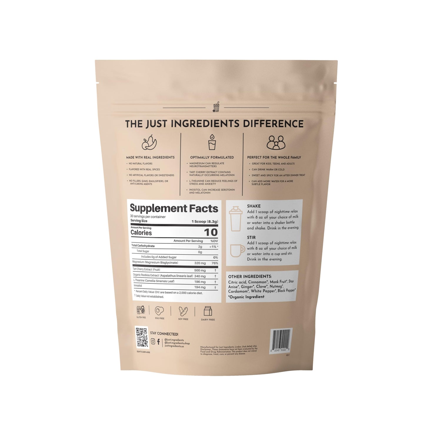 JUST INGREDIENTS Chai Nighttime Relax Drink Mix – 30 Servings | No Sugar Added | Magnesium, L-Theanine, Chamomile & Tart Cherry