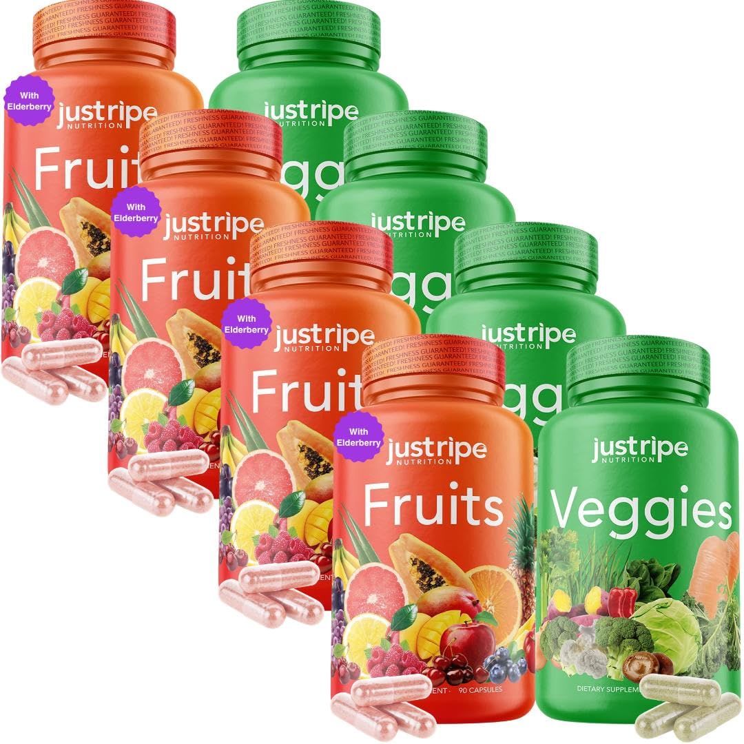 Just Ripe Nutrition Fruits and Veggies Supplement – 90 Fruit and 90 Vegetable Capsules (4 Pack) | Whole Food Superfood