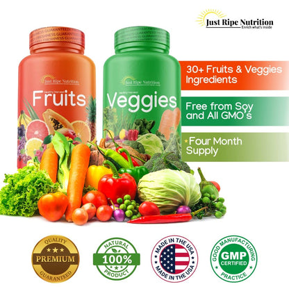 Just Ripe Nutrition Fruits and Veggies Supplement – 90 Fruit and 90 Vegetable Capsules (4 Pack) | Whole Food Superfood