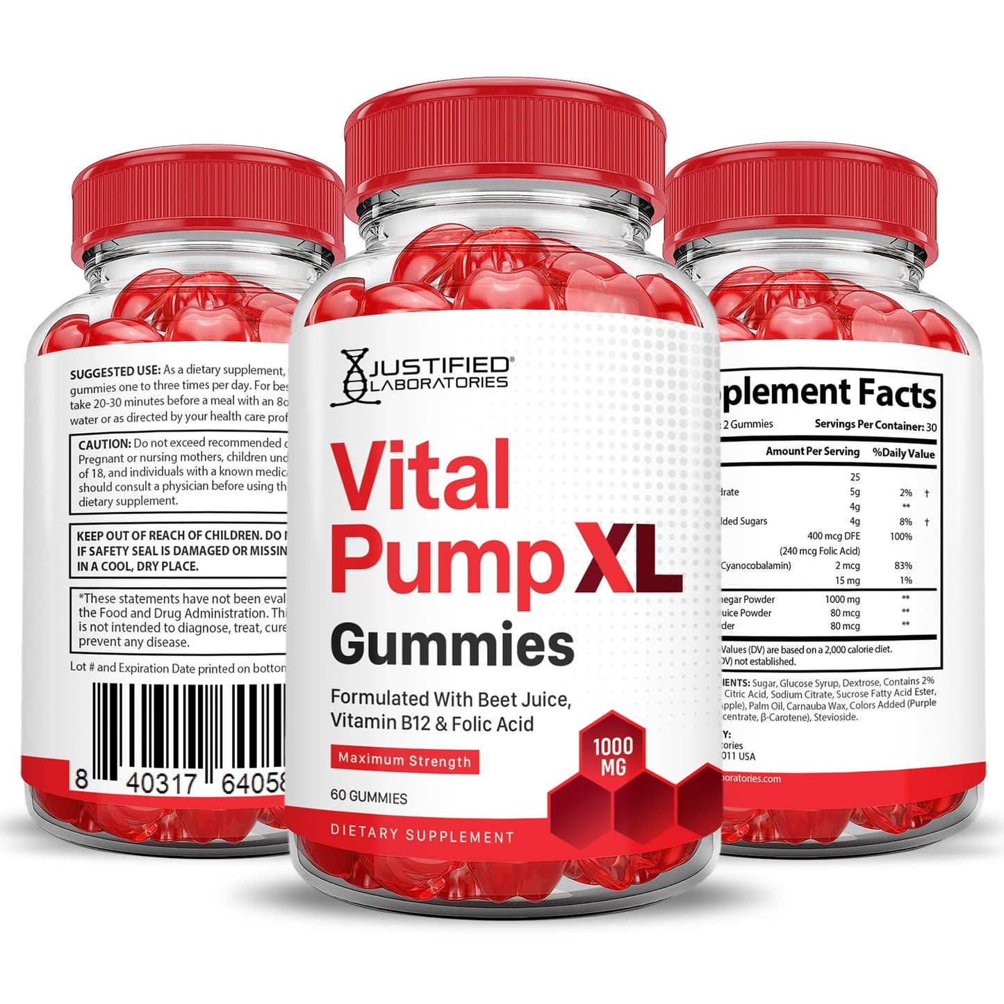 Justified Laboratories Vital Pump XL Gummies (3 Pack) – 1000mg ACV Beet & Pomegranate | Vegan, Non-GMO