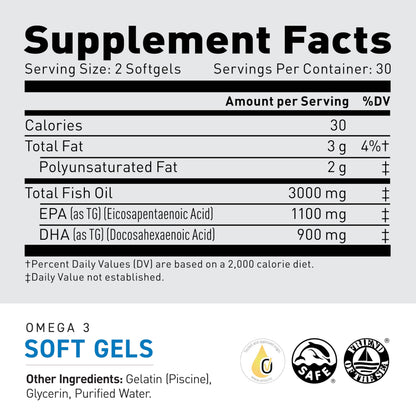 Kaged Omega 3 Softgels – Unflavored Fish Oil, 3000mg Omega-3 (EPA & DHA) | 30 Servings