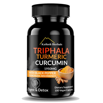 Kailash Herbals Triphala Turmeric Curcumin 1950mg – 100 Vegan Capsules | Digestive Health