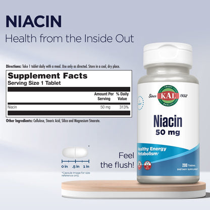 Kal 50 Mg Niacin Tablets, 200 Count | Vitamin B3 Supplement