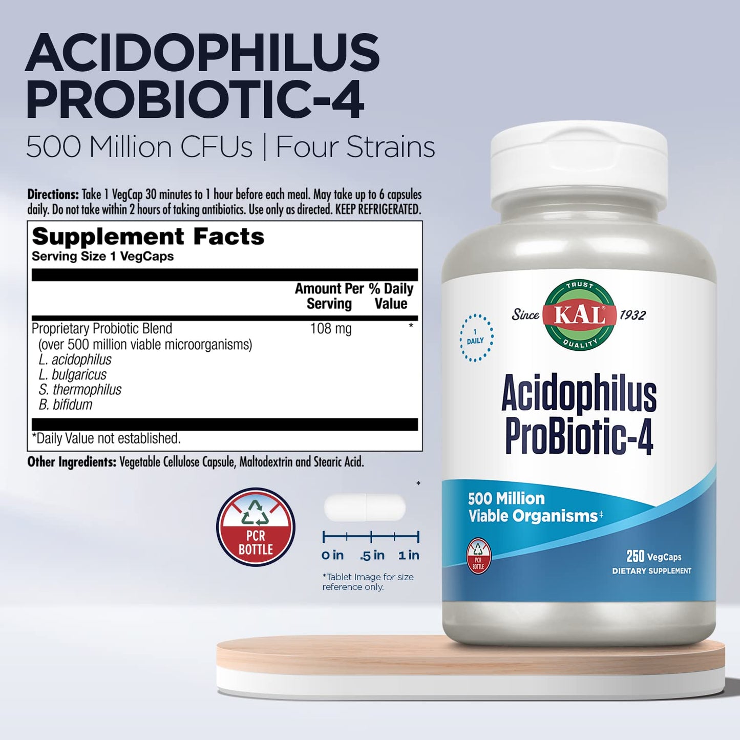 KAL Acidophilus ProBiotic-4 — 500 Million CFUs, Four Strains, 250 VegCaps