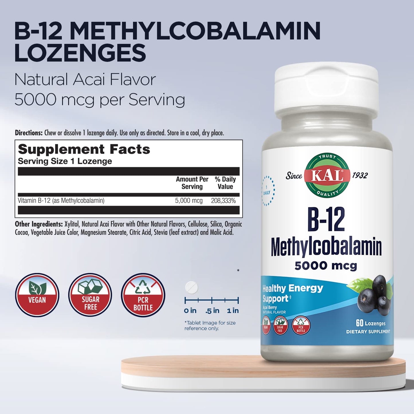 KAL B-12 Methylcobalamin Lozenges 5000mcg – Acai Flavor, Vegan, Sugar Free, 60 Servings