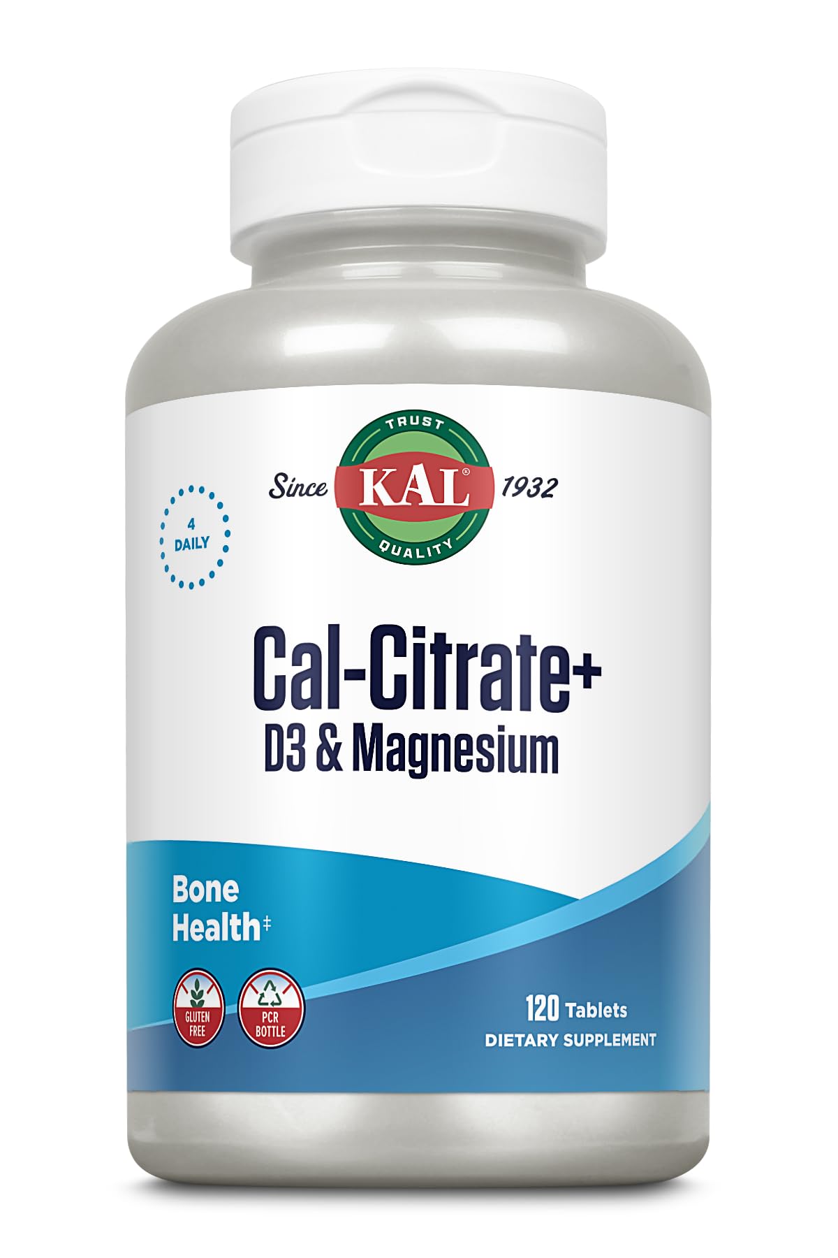 KAL Cal-Citrate+ Calcium Citrate + Vitamin D-3 & Magnesium | 120 Tablets (30 Servings) | Gluten Free