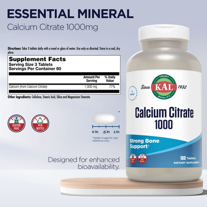 KAL Calcium Citrate 1000mg | 60 Servings | Gluten Free & Lab Verified