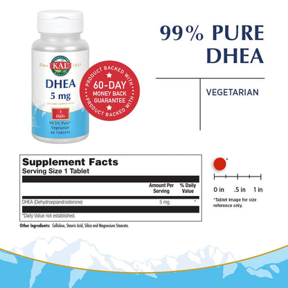 KAL DHEA-5 Tablets 5mg – 60 Count | DHEA Supplement