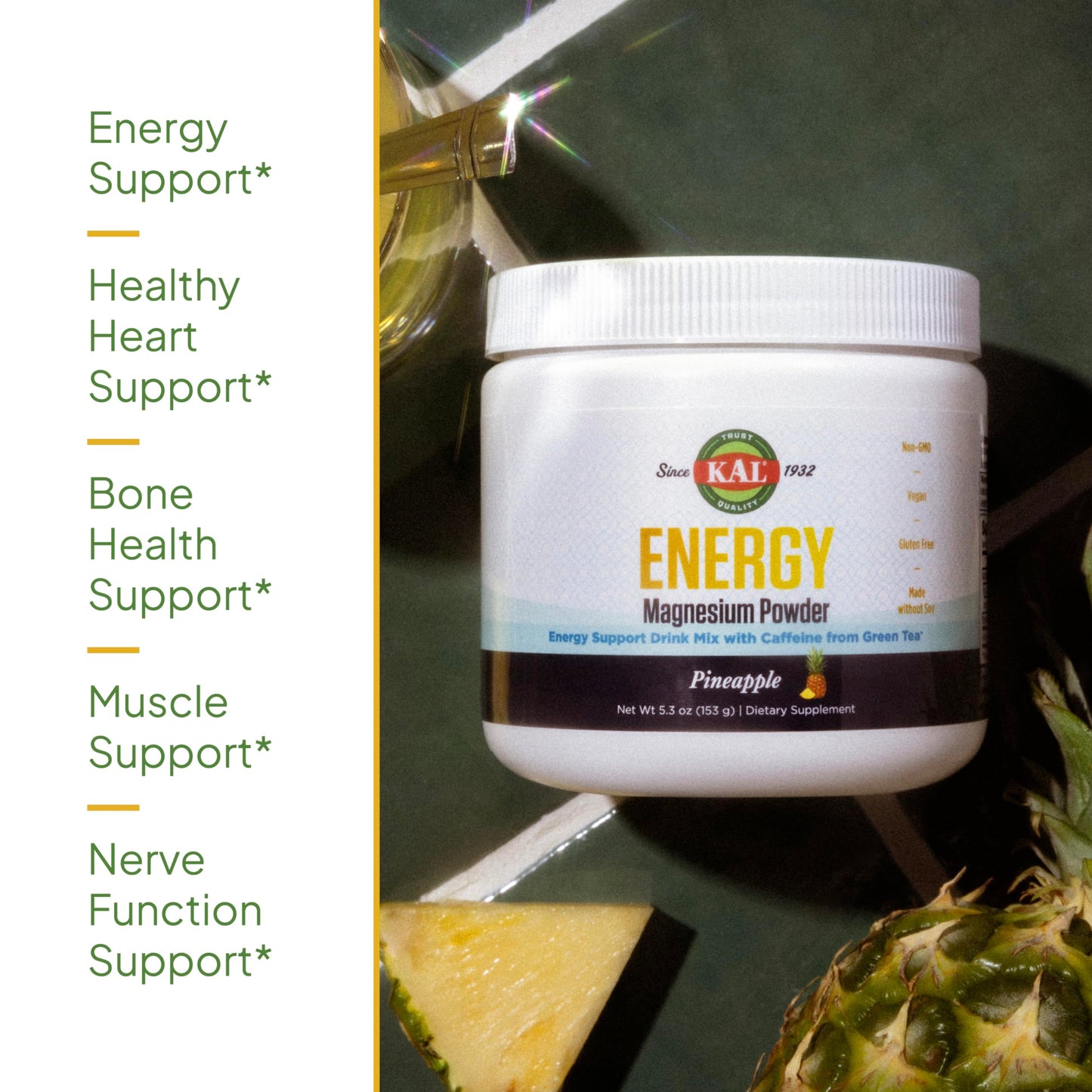 KAL Energy Magnesium Powder Drink – Pineapple Flavor, Sugar Free, 40 Servings | Magnesium Citrate with Green Tea Caffeine