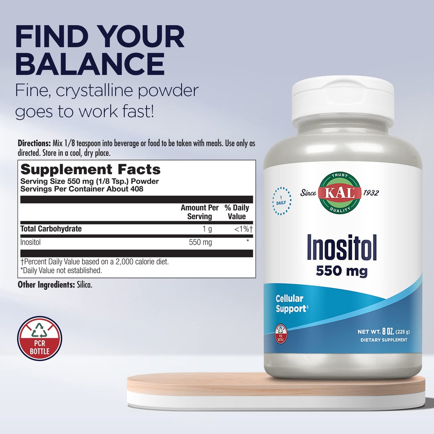KAL Inositol Powder 550mg – Brain Health, Mood Support & Cellular Health – Approx. 408 Servings, 8oz