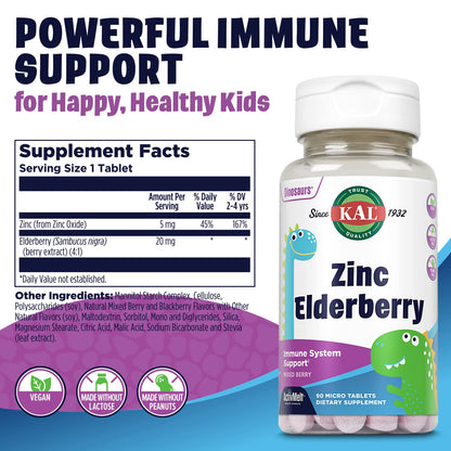 KAL Kids Zinc Elderberry Dinosaurs – Immune Support for Children, Vegan, 90 Servings