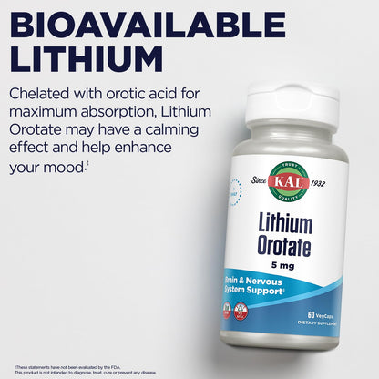 KAL Lithium Orotate 5mg | Mood Support & Bioavailability | Organic Rice Bran Base | 60 VegCaps
