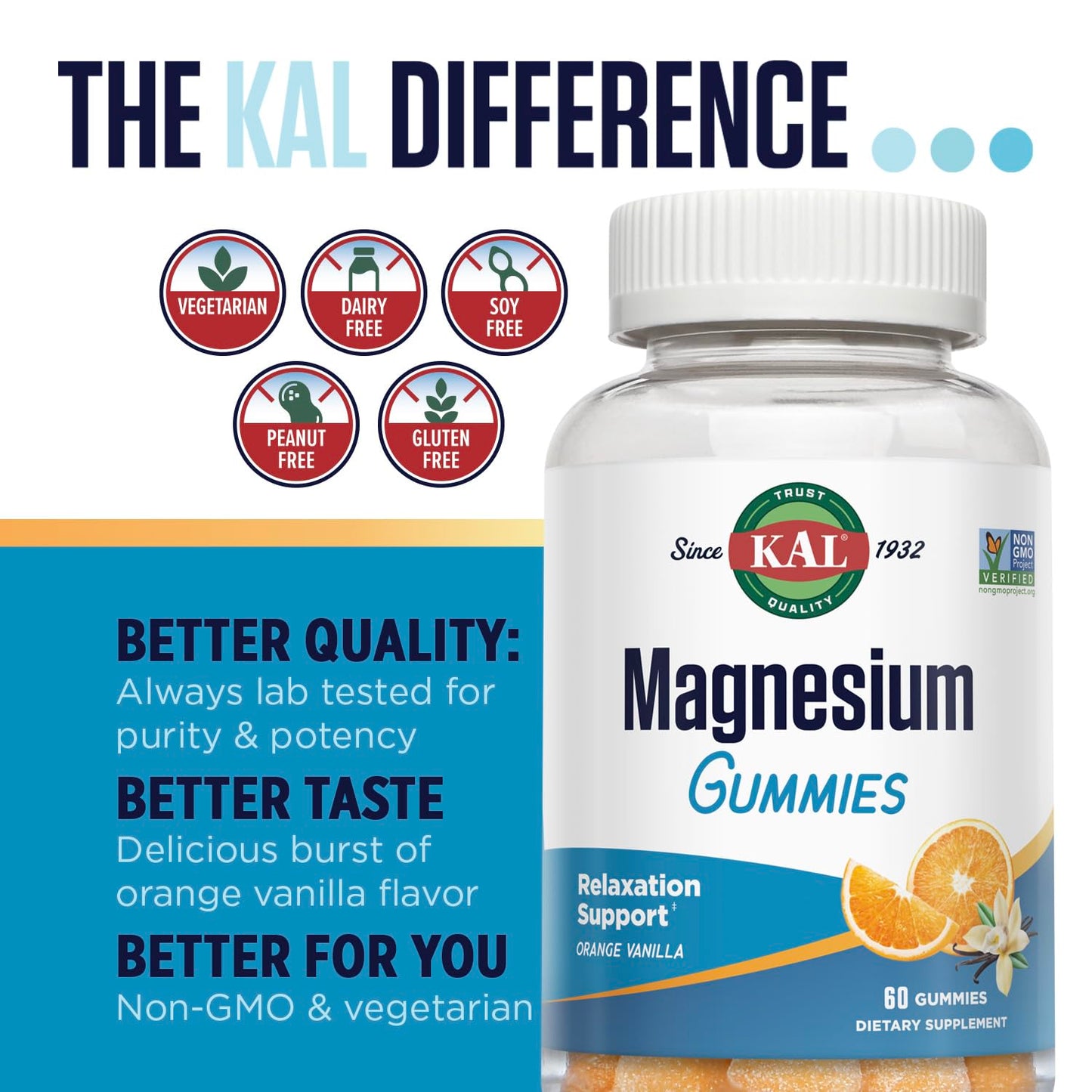 KAL Magnesium Citrate Gummies – Relaxation, Energy, Bone & Muscle Support | 330 mg | Orange Vanilla | Non-GMO, Vegetarian – 60 Gummies