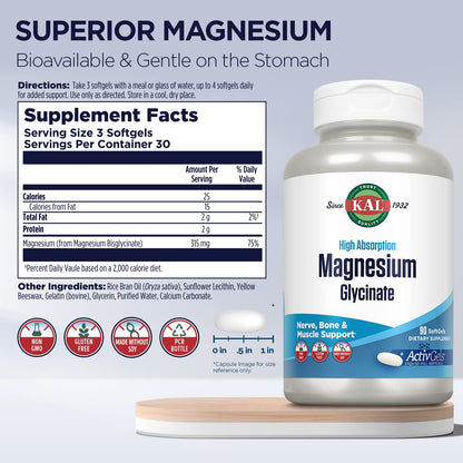 KAL Magnesium Glycinate ActivGels 315mg | High Absorption Magnesium