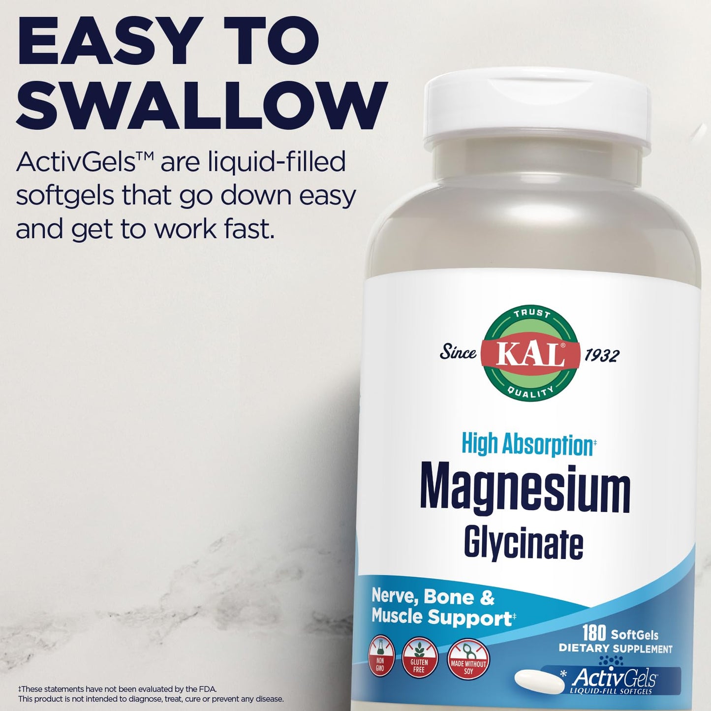 KAL Magnesium Glycinate ActivGels 315mg — Fully Chelated, High Absorption Magnesium Supplement (60 Servings)