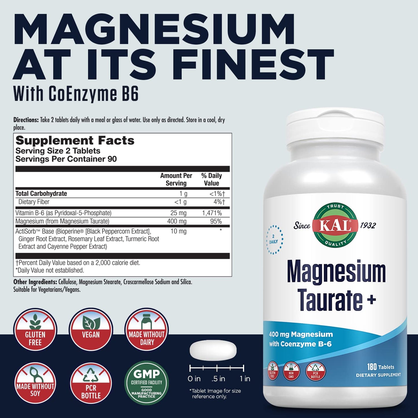 KAL Magnesium Taurate Plus 400mg with Coenzyme B6 – Vegan, Gluten Free, 180 Tablets