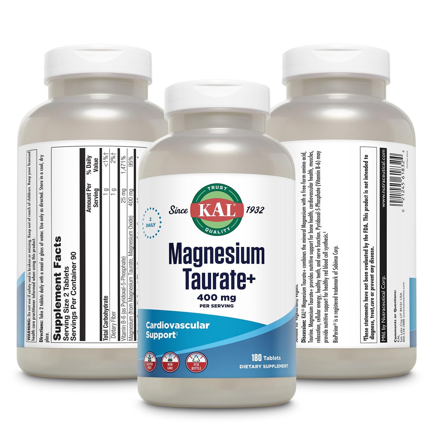 KAL Magnesium Taurate Plus 400mg with Coenzyme B6 – Vegan, Gluten Free, 180 Tablets