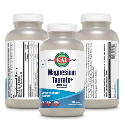 KAL Magnesium Taurate Plus 400mg with Coenzyme B6 – Vegan, Gluten Free, 180 Tablets