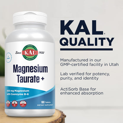 KAL Magnesium Taurate Plus 400mg with Coenzyme B6 – Vegan, Gluten Free, 180 Tablets